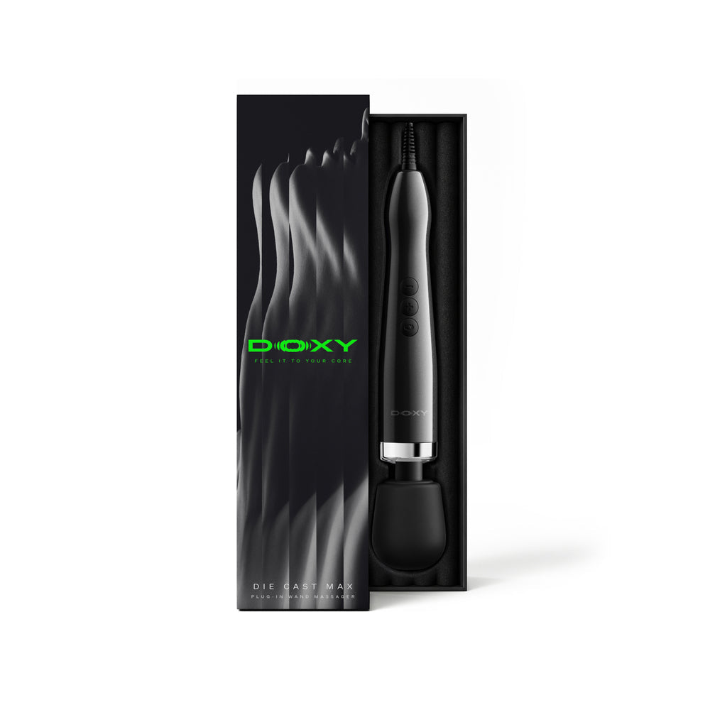 Doxy Die Cast Max Plug-in Wand Massager Black in sleek packaging showcasing its design and features.