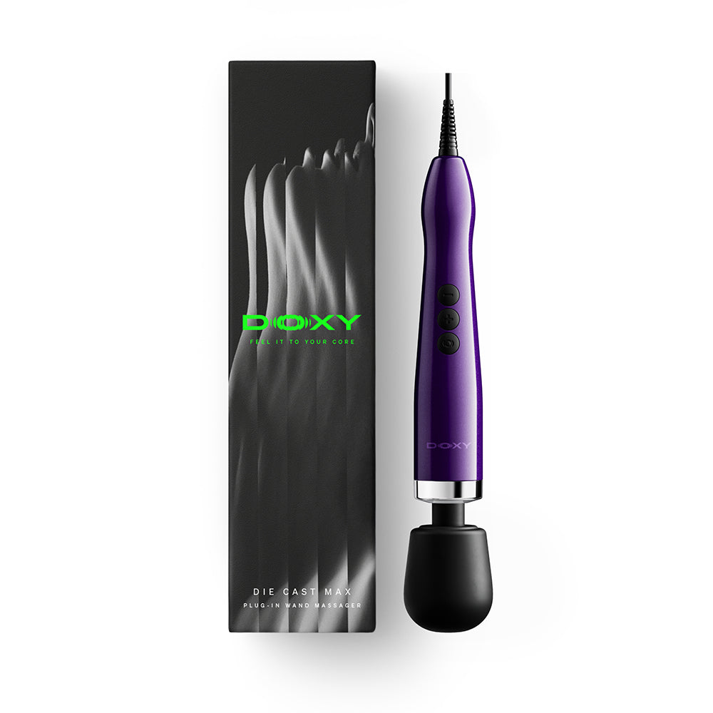 Doxy Die Cast Max Plug-in Wand Massager Purple next to its packaging on a white background.