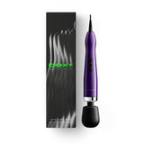 Doxy Die Cast Max Plug-in Wand Massager Purple next to its packaging on a white background.