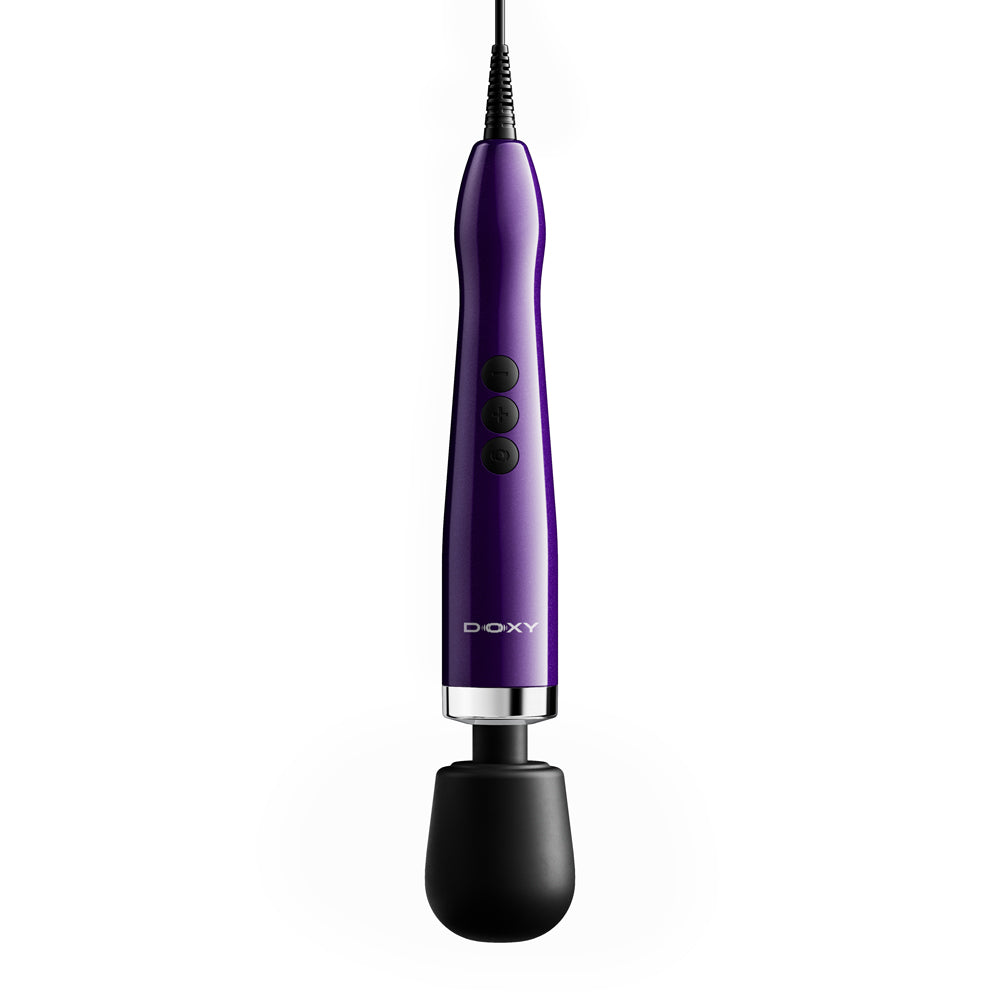 Doxy Die Cast Max Plug-in Wand Massager Purple with ergonomic design and three control buttons.