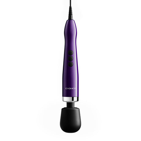 Doxy Die Cast Max Plug-in Wand Massager Purple with ergonomic design and three control buttons.
