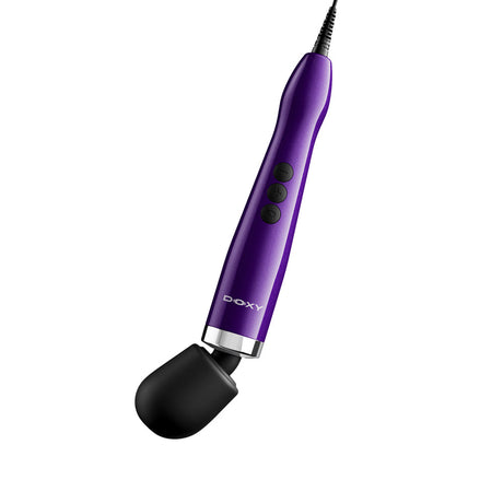Doxy Die Cast Max Plug-in Wand Massager Purple showing its sleek die cast design and control buttons.