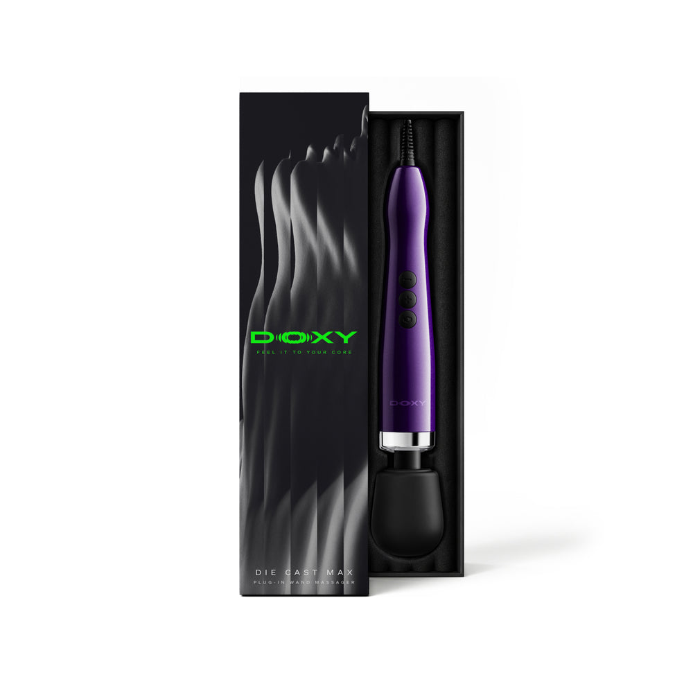 Doxy Die Cast Max Plug-in Wand Massager Purple in sleek packaging with controls and a solid design.