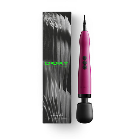 Doxy Original Wand Massager Pink displayed with its sleek packaging, powerful and reliable for ultimate satisfaction.