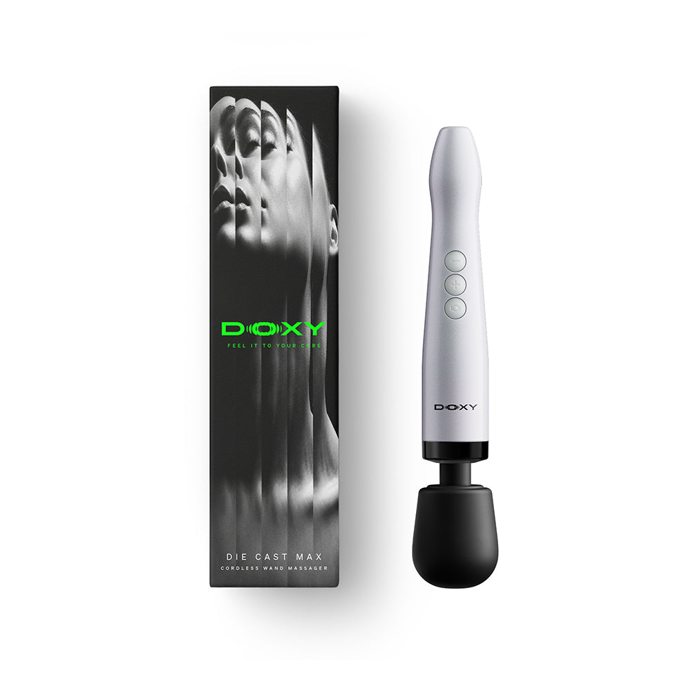 Doxy Die Cast Max Cordless Wand Massager White featuring sleek design and packaging.