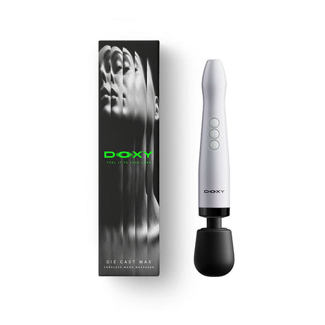 Doxy Die Cast Max Cordless Wand Massager White featuring sleek design and packaging.