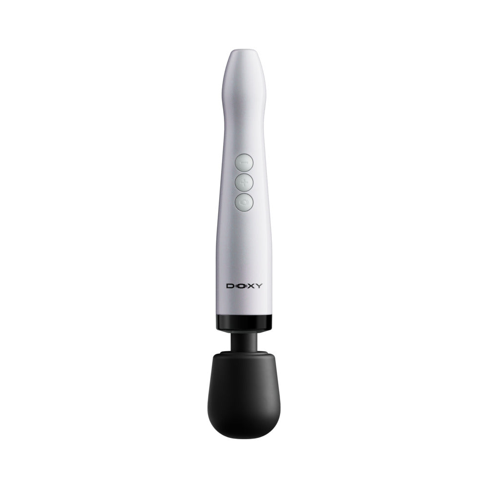 Doxy Die Cast Max Cordless Wand Massager White in sleek design with three control buttons and a black massaging head.