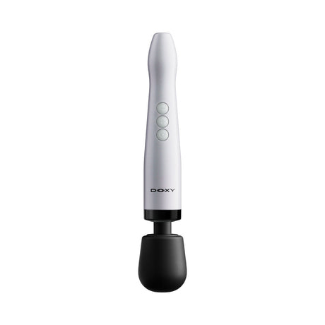 Doxy Die Cast Max Cordless Wand Massager White in sleek design with three control buttons and a black massaging head.