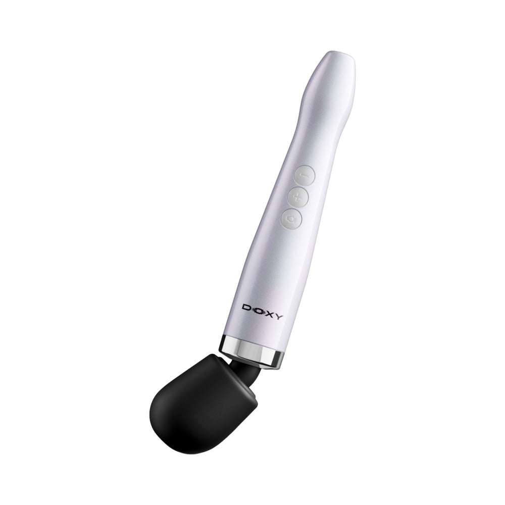 Doxy Die Cast Max Cordless Wand Massager White with a sleek design and three control buttons.