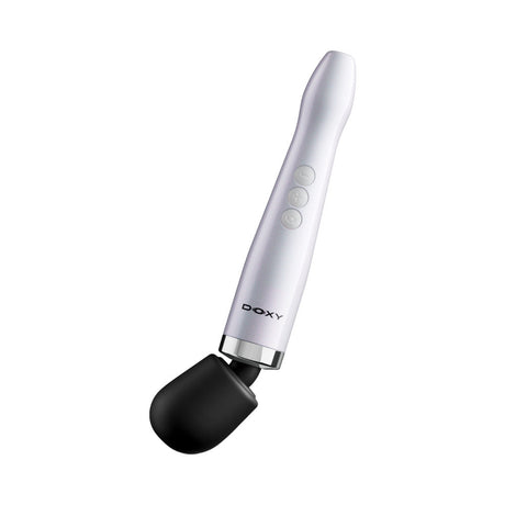 Doxy Die Cast Max Cordless Wand Massager White with a sleek design and three control buttons.