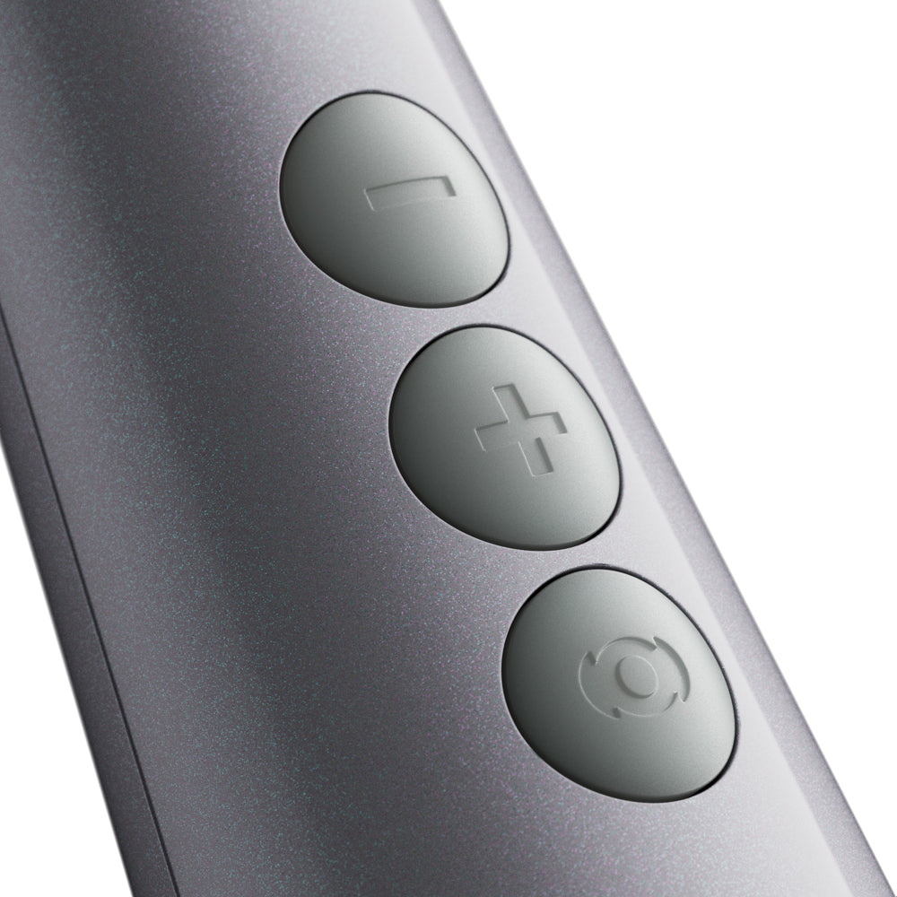 Close-up of control buttons on the Doxy Die Cast Max Cordless Wand Massager White.