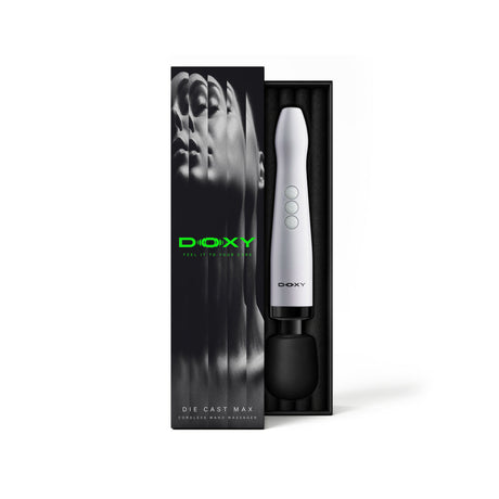 Doxy Die Cast Max Cordless Wand Massager White in elegant packaging with sleek design and controls.