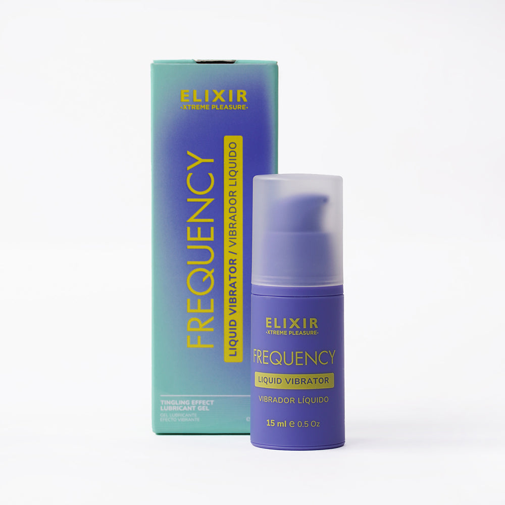 Elixir Frequency Liquid Vibrator 0.5 Oz in packaging with a lightweight formula for enhanced intimate pleasure.