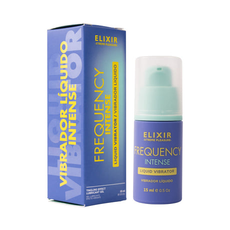 Elixir Frequency Intense Liquid Vibrator 0.5 Oz packaging and bottle showcasing its design and features.