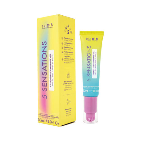 Elixir 5 Sensations Intimate Gel 1 Oz packaging and product, designed for multi-effect intimate experiences.