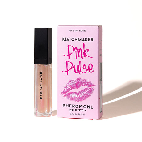 Eye Of Love Matchmaker Pink Pulse Pheromone pH Lip Stain in clear tube with pink packaging.