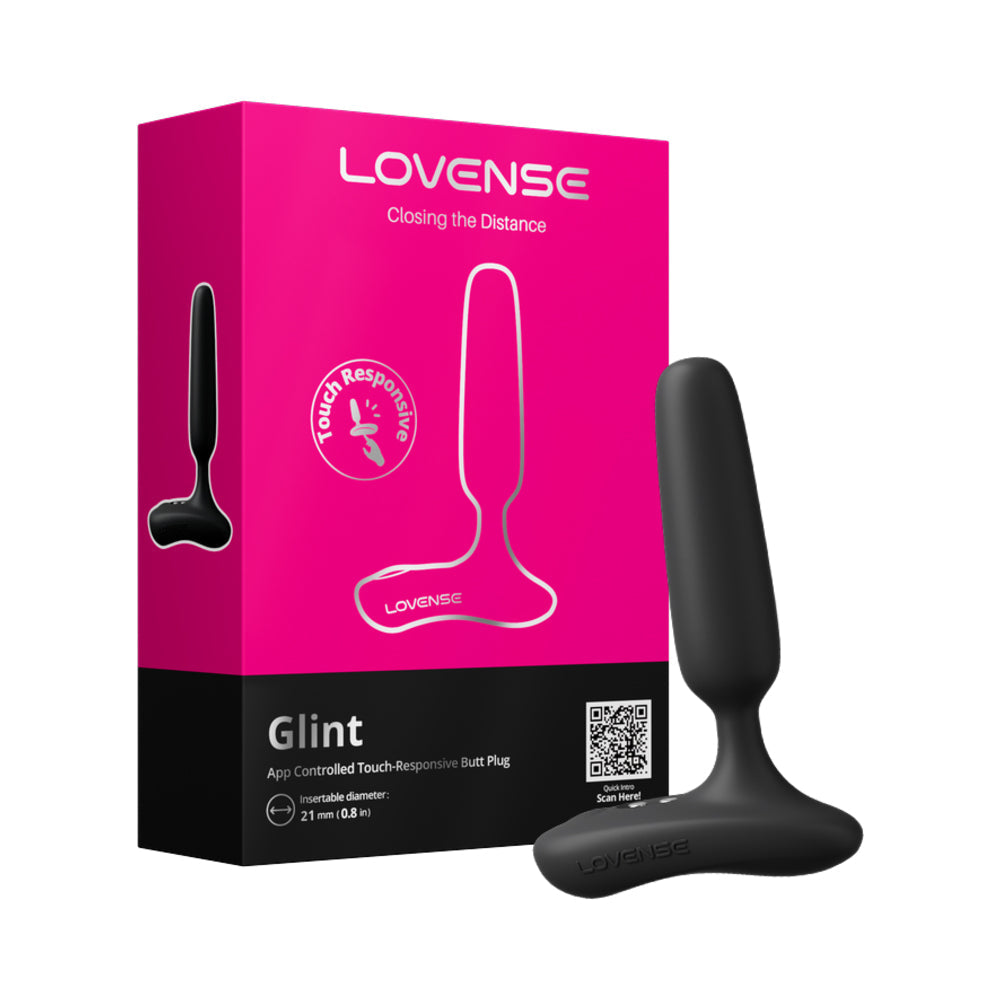Lovense Glint Touch-Responsive Vibrating Butt Plug Black packaging display with product details.