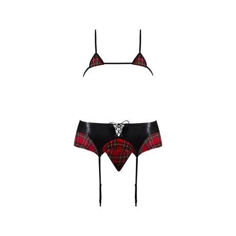 Magic Silk Sexy Time Oral Exam Schoolgirl Set Red Queen Size featuring red plaid micro bra and black wet look accents.