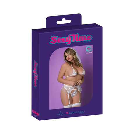 Magic Silk Sexy Time Ever After Lingerie Set White Queen packaging featuring a curvy model in romantic bridal lingerie.