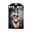 Fantasy Lingerie Feline Fatale Cat Superhero Costume Set M/L displayed on a model with a mask and gloves.