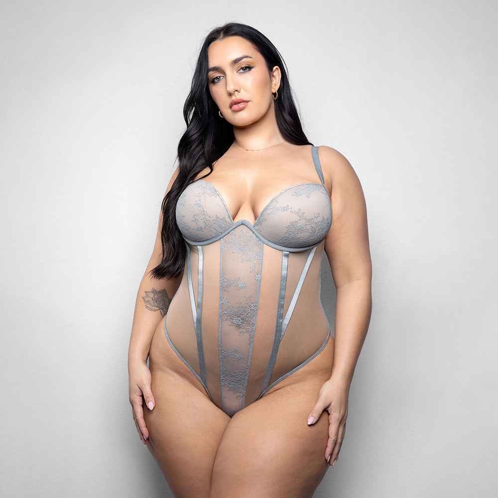 Fantasy Lingerie Elusive Mila Molded Cup Teddy XL/2XL featuring lace and sheer mesh design for confident curves.