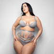 Fantasy Lingerie Elusive Mila Bra Cincher Thong Set 3X/4X in delicate gray lace on model.