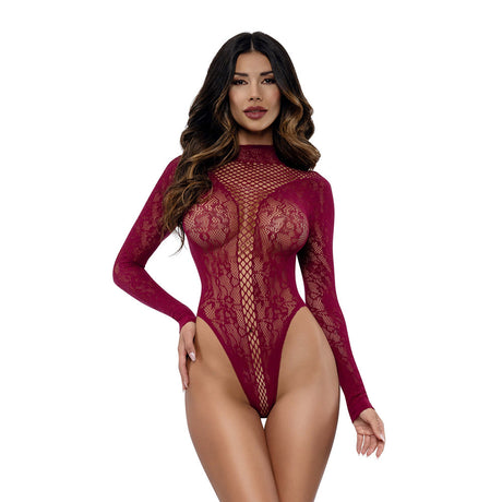 Dreamgirl Honey Long Sleeve Teddy Burgundy One Size elegant lace teddy with long sleeves and alluring backless design.