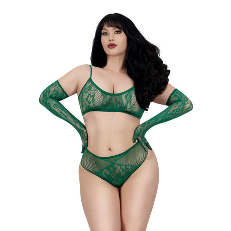 Dreamgirl Lace Seamless 3-piece Set Emerald Queen Size model wearing emerald lace bralette, panty, and gloves.