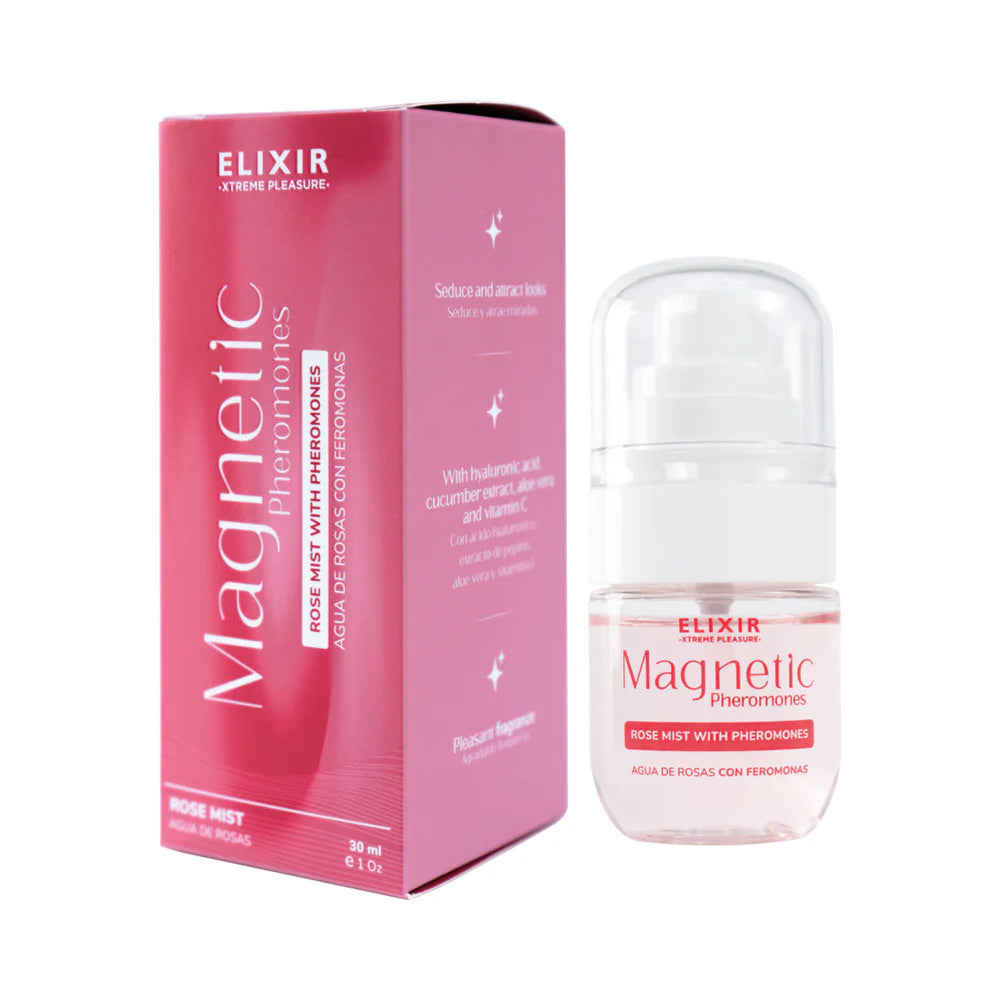 Elixir Magnetic Rose Mist With Pheromones 1 Oz in a bottle with pink packaging, designed for a floral refreshing experience.