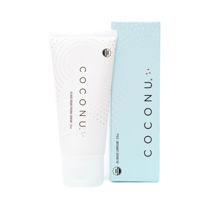 Coconu Oil-based Organic Personal Lubricant 3 Oz tube and box packaging on a white background.
