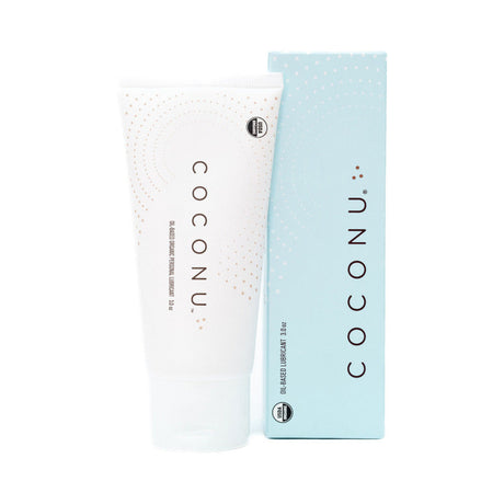 Coconu Oil-based Organic Personal Lubricant 3 Oz tube and box packaging on a white background.