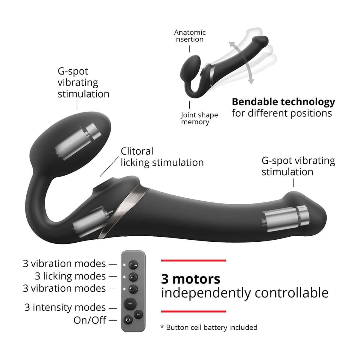 Strap-On-Me Multi Orgasm Bendable Strapless Strap-On Black Medium with motors and bendable design features.