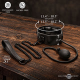 Master Series Constrict Inflatable Collar with Leash Black shown with measurements and features on a wooden surface.