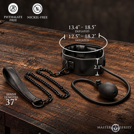 Master Series Constrict Inflatable Collar with Leash Black shown with measurements and features on a wooden surface.