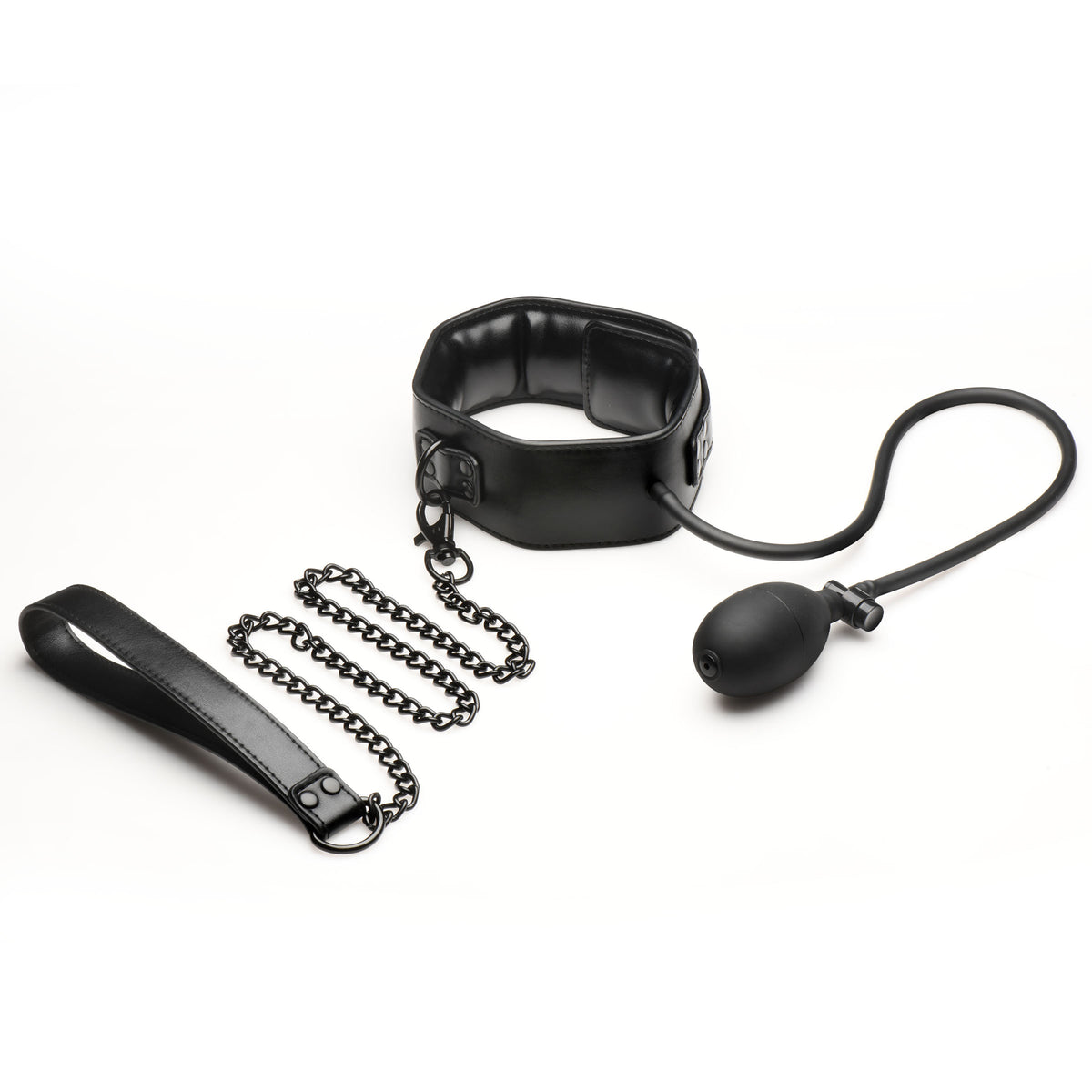 Master Series Constrict Inflatable Collar with Leash Black displayed with chain and pump for adjustable fit.