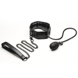 Master Series Constrict Inflatable Collar with Leash Black displayed with chain and pump for adjustable fit.