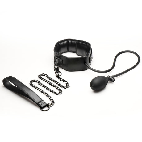 Master Series Constrict Inflatable Collar with Leash Black displayed with chain and pump for adjustable fit.