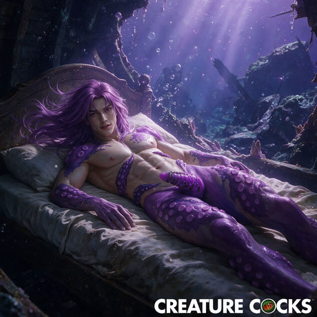 Creature Cocks Tenta Wand Silicone Vibrator Purple displayed in an underwater fantasy scene with a male figure.