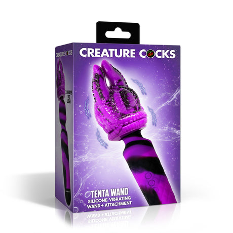 Creature Cocks Tenta Wand Silicone Vibrator Purple packaging showcasing its unique design and tentacle attachment.