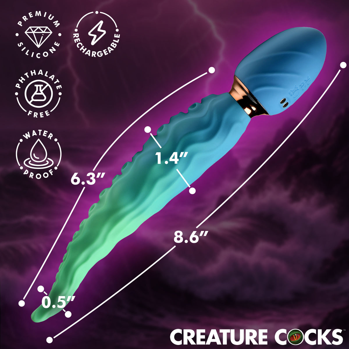 Creature Cocks Deep Squirmer Squirming Silicone Vibrator with dimensions and features, including waterproof and rechargeable.