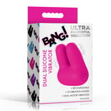 Bang Dual Silicone Clitoral Vibrator Pink packaging featuring a vibrant design and details on its features.