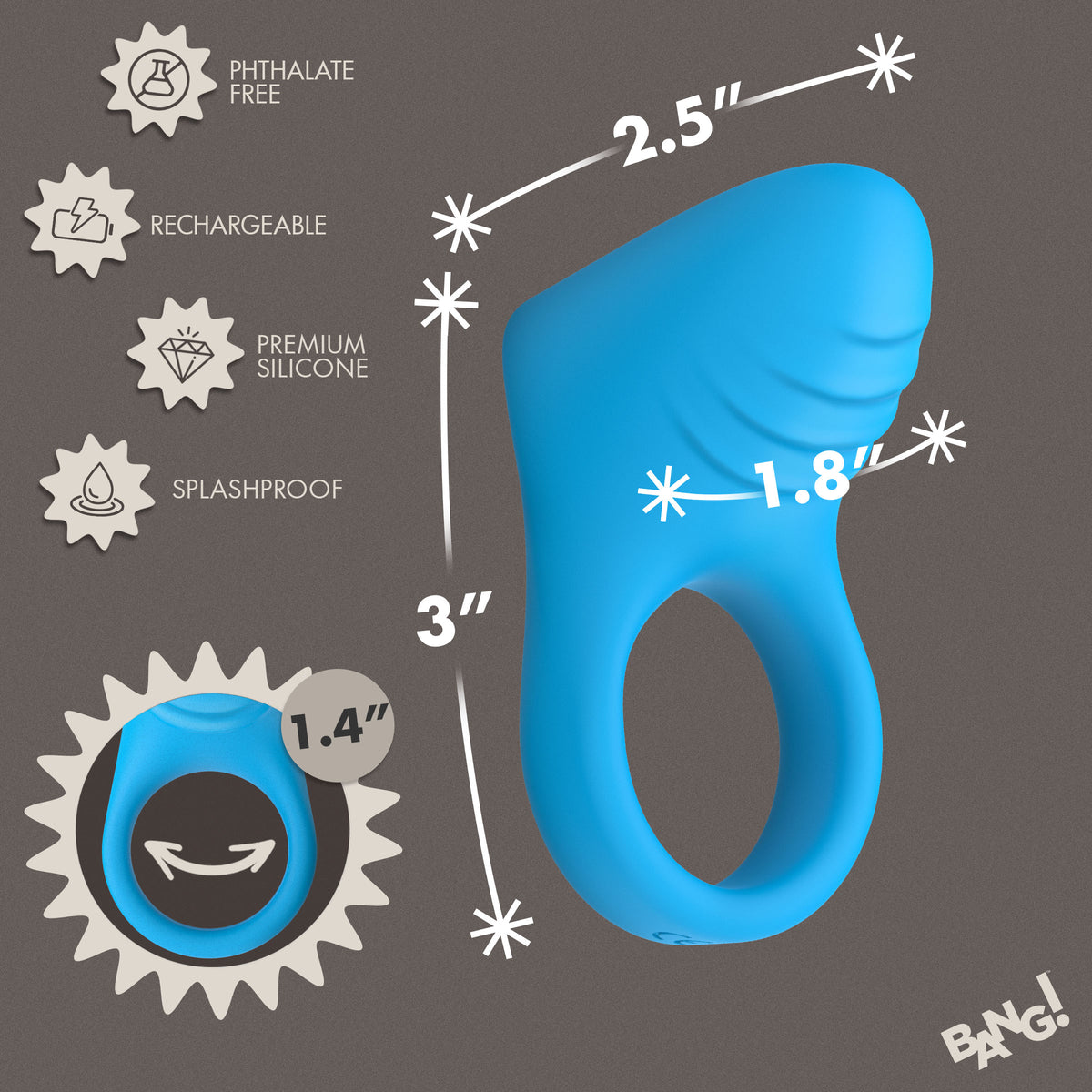 Bang Vibrating Silicone C-Ring Black dimensions and features focusing on its phthalate-free, rechargeable design.