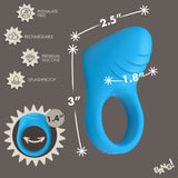 Bang Vibrating Silicone C-Ring Black dimensions and features focusing on its phthalate-free, rechargeable design.