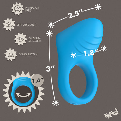 Bang Vibrating Silicone C-Ring Black dimensions and features focusing on its phthalate-free, rechargeable design.