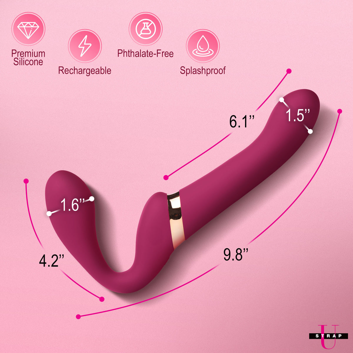10X Pleasure Poser Posable Vibrating Strapless Strap-On shown with dimensions, made from premium silicone, rechargeable, and splashproof.