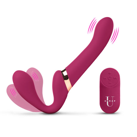 10X Pleasure Poser Posable Vibrating Strapless Strap-On featuring a vibrant design and remote control for enhanced pleasure.
