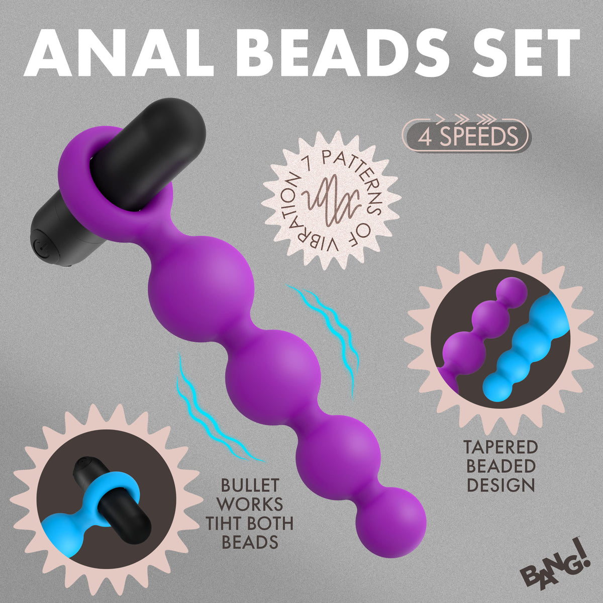Bang Vibrating Silicone Anal Beads Set with Remote featuring tapered beaded design and remote control for versatile play.