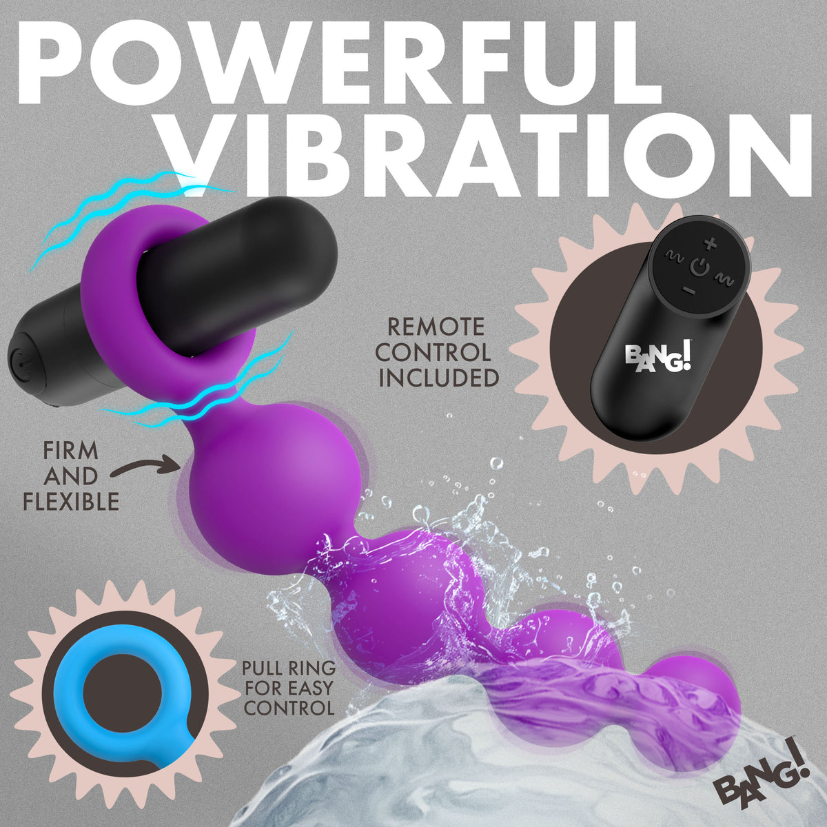 Bang Vibrating Silicone Anal Beads Set with Remote featuring a remote control and flexible design for enhanced pleasure.