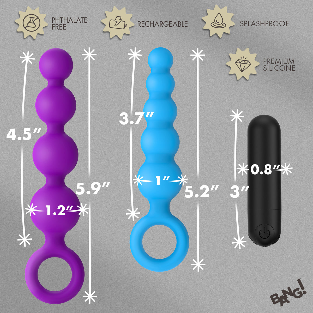 Bang Vibrating Silicone Anal Beads Set with Remote showcasing various sizes and colors of anal beads and vibrating bullet.