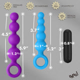 Bang Vibrating Silicone Anal Beads Set with Remote showcasing various sizes and colors of anal beads and vibrating bullet.
